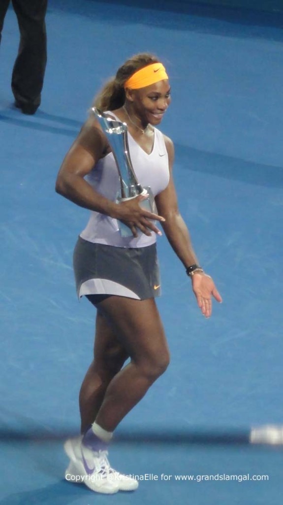 Aus Open No.1 seed Serena Williams with her Brisbane International trophy